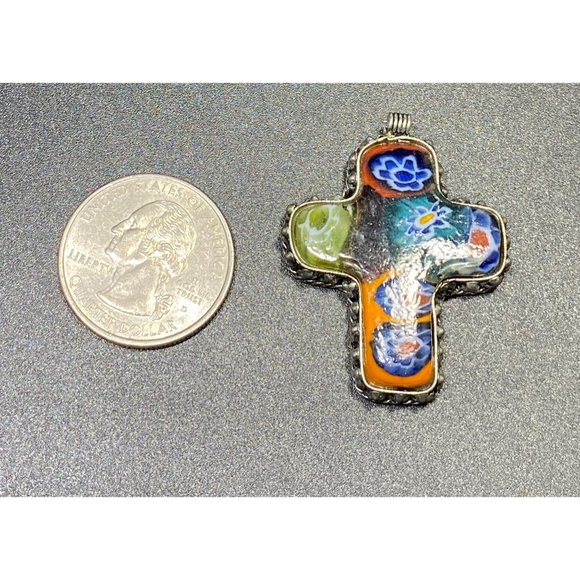 Vintage Murano Art Glass 925 Cross Pendant Italian Puffy Fine - Picture 5 of 7